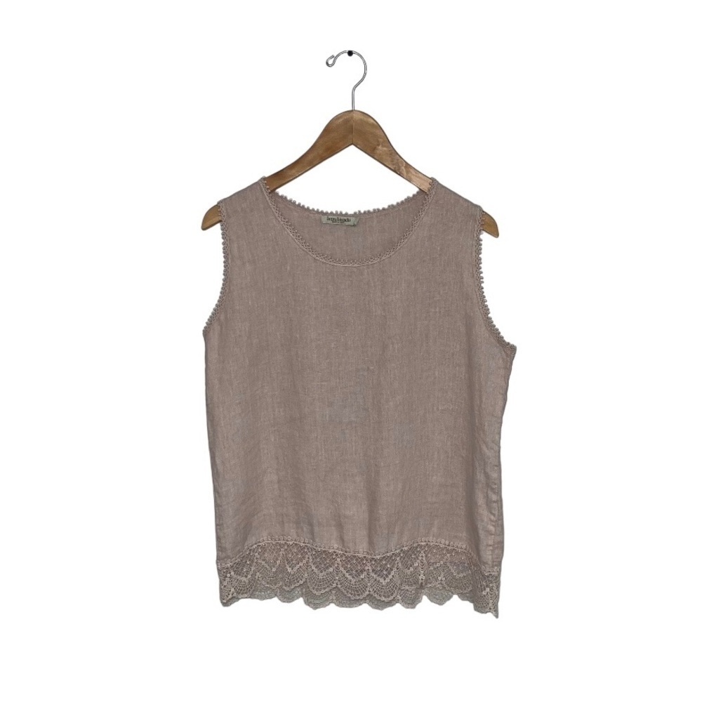 Laura Bianchi Linen Blouse Women’s Size Small Cream Pink Sleeveless Crochet Trim